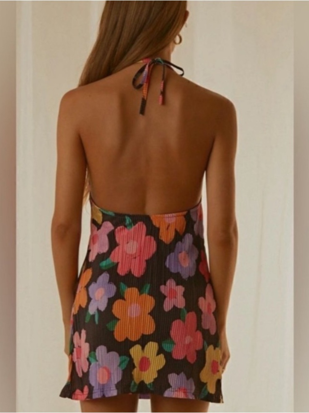 Peppermayo Black Floral Halter Dress with Pink, Orange, Purple, & Yellow Flowers - Picture 5 of 5